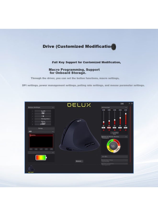 ديلوكس Delux M618air Gx ماوس عمودي لاسلكي مريح خفيف الوزن، ماوس مكتبي هادئ للكمبيوتر والكمبيوتر المحمول، عالمي، وقت استعداد فائق الطول، أسود - Image 2