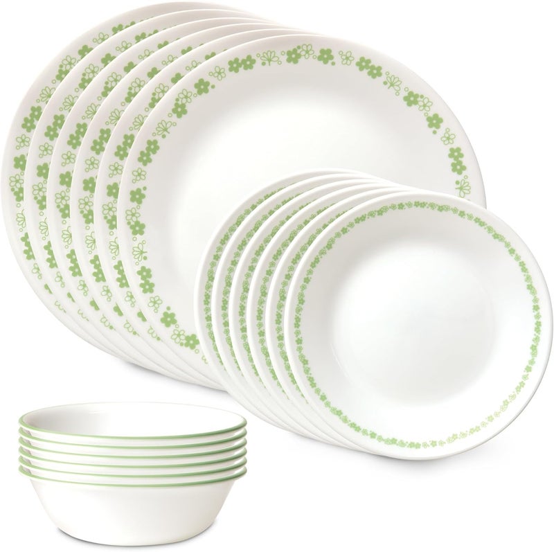 Corelle طقم أدوات المائدة الزجاجية كوريل فيتريل 18 قطعة خدمة لـ 6 طبقة ثلاثية مقاومة للكسر والتشقق أطباق وأوعية زجاجية زهور الربيع الخضراء - Image 1