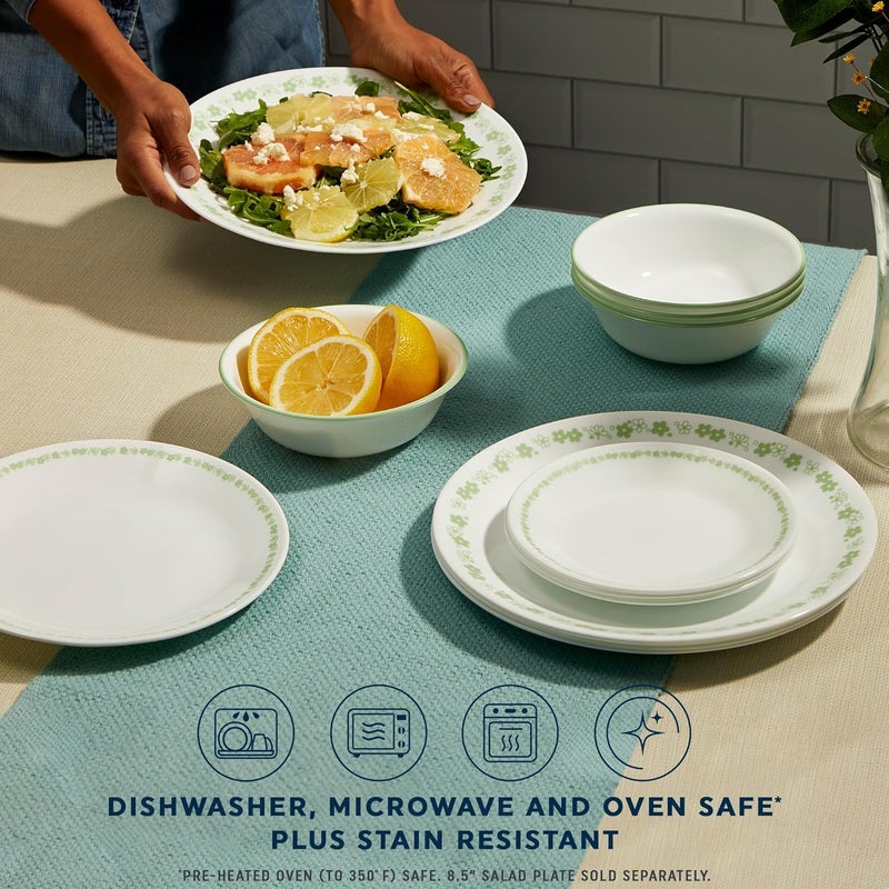 Corelle طقم أدوات المائدة الزجاجية كوريل فيتريل 18 قطعة خدمة لـ 6 طبقة ثلاثية مقاومة للكسر والتشقق أطباق وأوعية زجاجية زهور الربيع الخضراء - Image 4