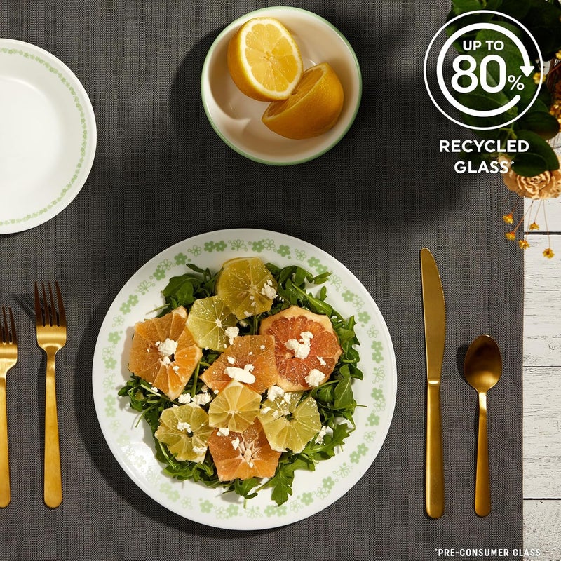 Corelle طقم أدوات المائدة الزجاجية كوريل فيتريل 18 قطعة خدمة لـ 6 طبقة ثلاثية مقاومة للكسر والتشقق أطباق وأوعية زجاجية زهور الربيع الخضراء - Image 5