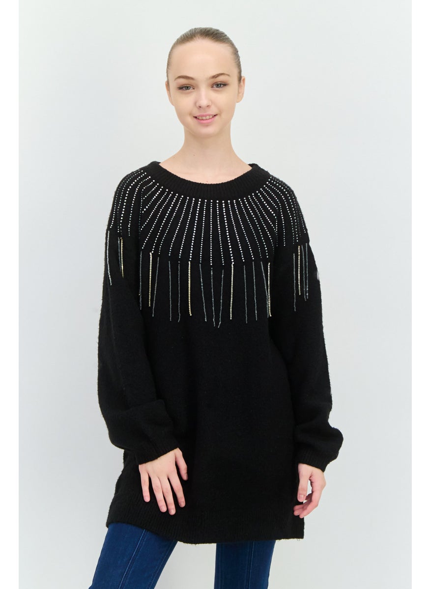Aqua - Women Embellished Long Sleeve Sweater, Black - Image 1