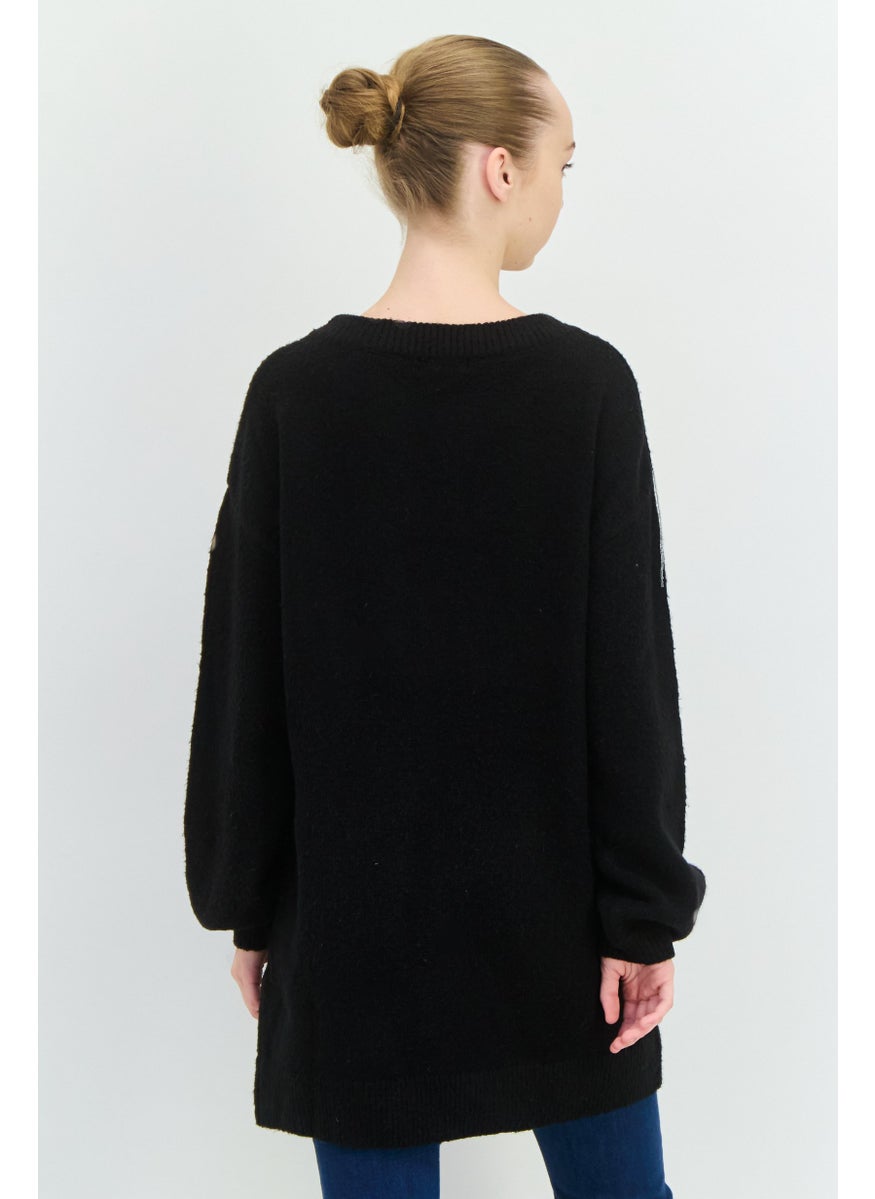 Aqua - Women Embellished Long Sleeve Sweater, Black - Image 1