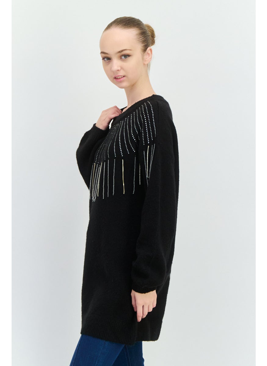 Aqua - Women Embellished Long Sleeve Sweater, Black - Image 1