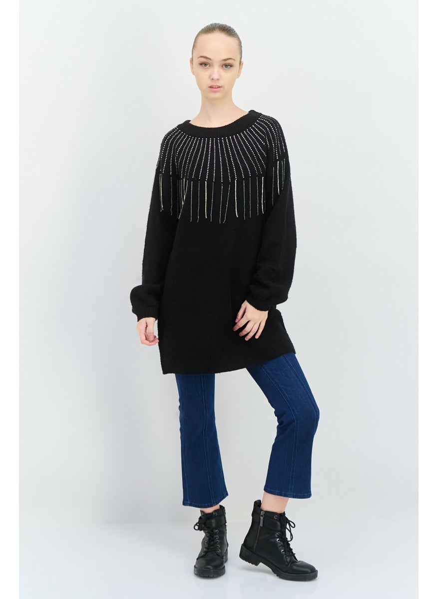 Aqua - Women Embellished Long Sleeve Sweater, Black - Image 1
