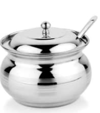 Qwid Stainless Steel Ghee and Oil Container With Spoon Multipurpose Oil Jar Steel Ghee Pot with spoon and lid Capacity of 100ml Silver Pack of 1
