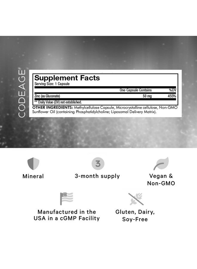 Codeage Liposomal Zinc Supplement - 3 Month Supply - One Per Day - 50 mg Zinc Gluconate Vitamin Pills - Essential Mineral Supplements Zinc Plus Liposomal Delivery Matrix - Vegan Non-GMO - 100 Capsules - Image 2
