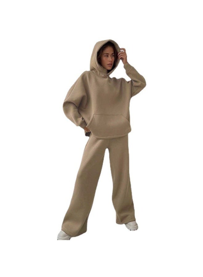 NIBEMINENT طقم ملابس رياضية نسائي من قطعتين لفصل الخريف والشتاء، سُترة بقلنسوة بأكمام طويلة وسروال مستقيم فضفاض بلون موحد - Image 1