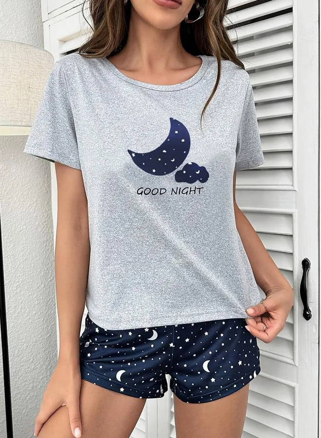 Take Two Grey Grey Moon Star Graphic T-Shirt and Shorts Set for Women | Best Price UAE