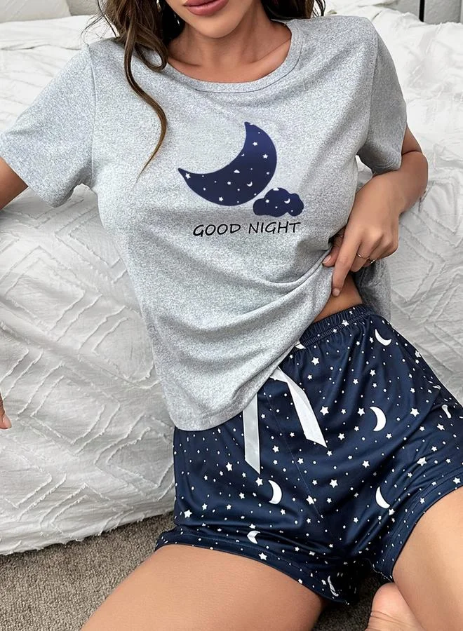 Take Two Grey Grey Moon Star Graphic T-Shirt and Shorts Set for Women | Best Price UAE