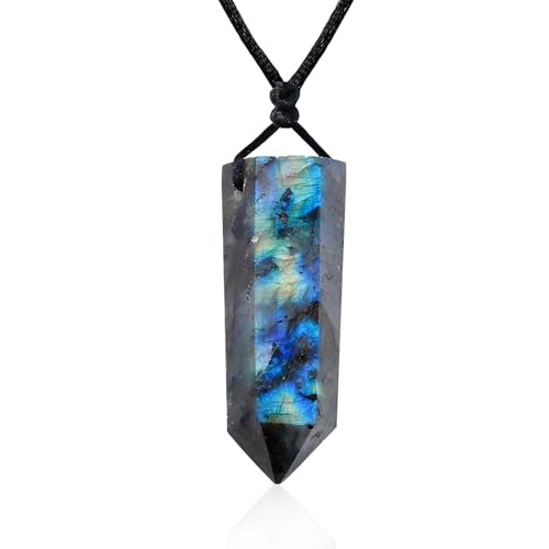 Runyangshi Labradorite Pendants Single PointedQuartz Necklace 6 Faceted Chakra Wand Reiki Energy Amulet for Men Women HandWoven Rope Gift - Image 2