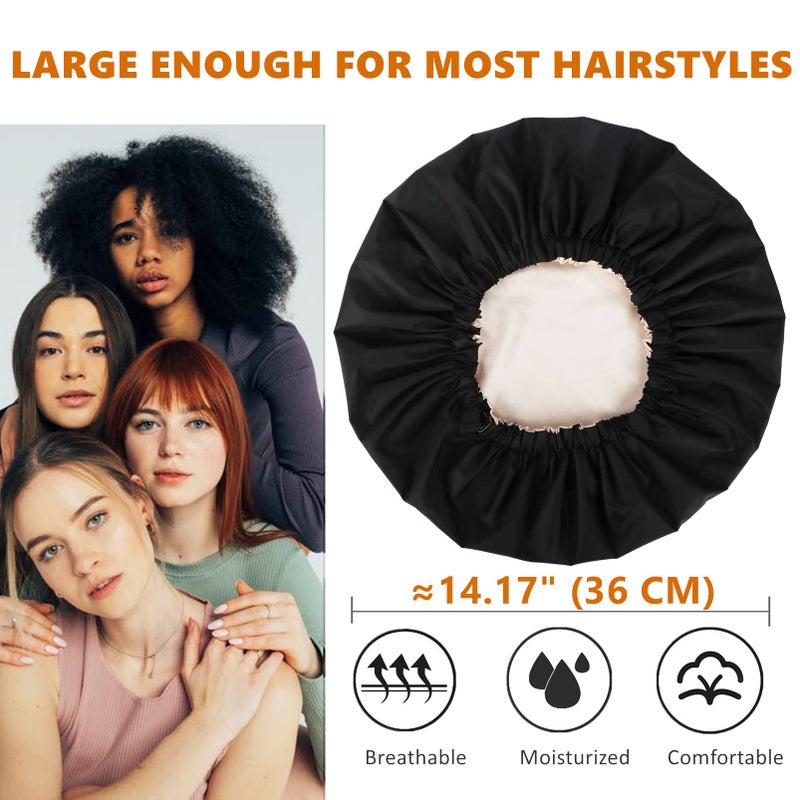 Himoswis Adjustable Shower Caps for Women Reusable Waterproof Satin Lining Large Shower Cap for Women and Men Long Hair Braids Curly Hair (L,Black/Champagne) - Image 5