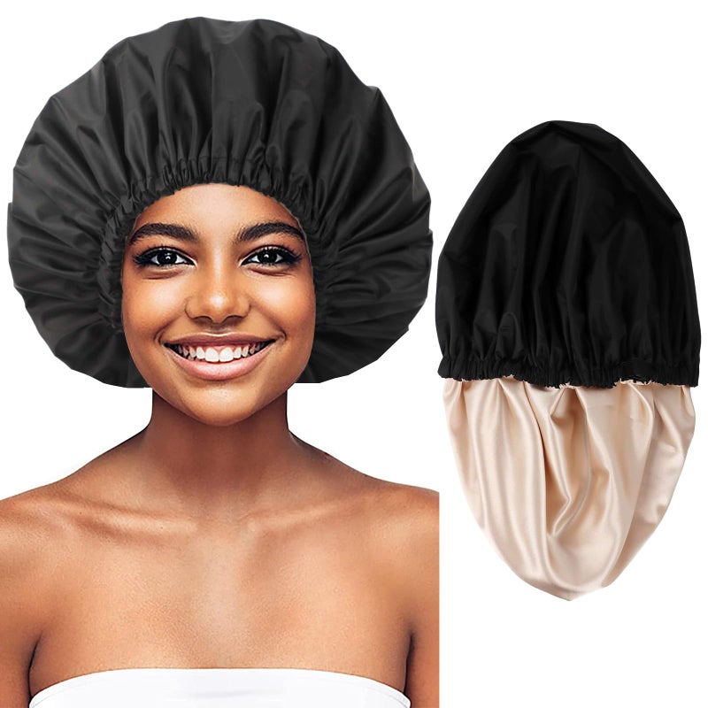 Himoswis Adjustable Shower Caps for Women Reusable Waterproof Satin Lining Large Shower Cap for Women and Men Long Hair Braids Curly Hair (L,Black/Champagne) - Image 1