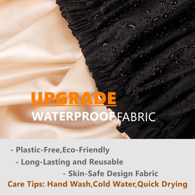 Himoswis Adjustable Shower Caps for Women Reusable Waterproof Satin Lining Large Shower Cap for Women and Men Long Hair Braids Curly Hair (L,Black/Champagne) - Image 4