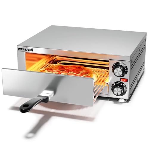 Wantjoin Pizza Oven Indoor - Electric Pizza Ovens Countertop Stainless Steel Commercial Pizza Maker Fits 12" Pizzas, With Timer Crumb Tray, 1100W, For Home, Bars, Food Trucks, Silver - Image 1