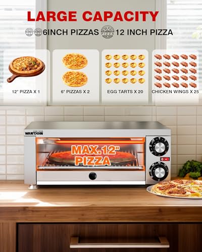 Wantjoin Pizza Oven Indoor - Electric Pizza Ovens Countertop Stainless Steel Commercial Pizza Maker Fits 12" Pizzas, With Timer Crumb Tray, 1100W, For Home, Bars, Food Trucks, Silver - Image 4