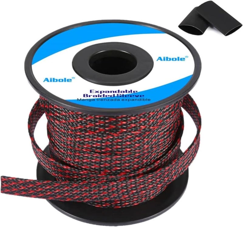 Aibole 100Ft-1/4inch PET Expandable Braided Wire Sleeving,Wire Loom Cable Sleeve for TV,Computer,Home Theater,Automotive,Home Industrial,Electrical Wires,Chemical,Protect Cat from Chewing Cords,BlackRed - Image 1
