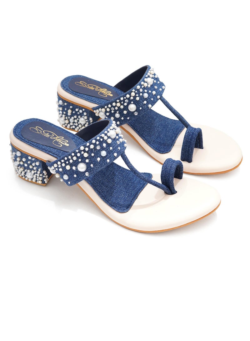 Sole House Sole House Modern Glam: Denim Pearl Embellished Block Heels - perfect for parties, celebrations & special occasions.  - Image 1