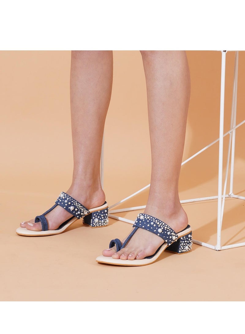Sole House Sole House Modern Glam: Denim Pearl Embellished Block Heels - perfect for parties, celebrations & special occasions.  - Image 2