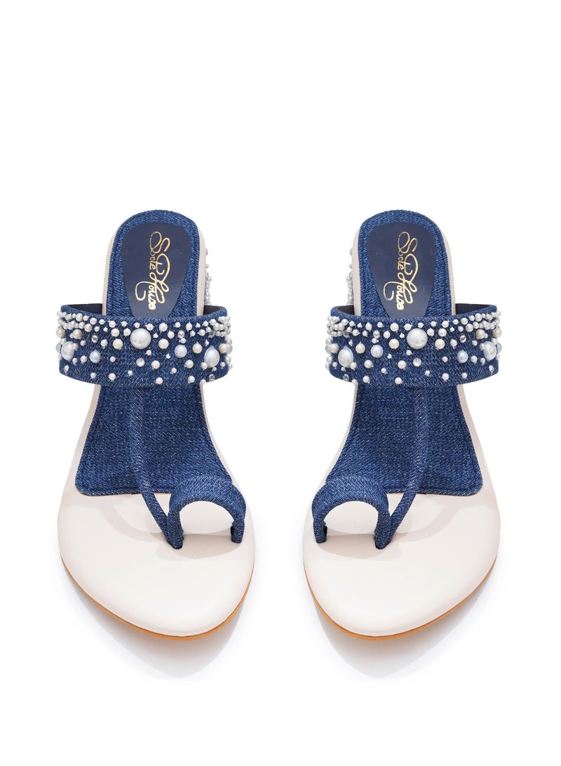 Sole House Sole House Modern Glam: Denim Pearl Embellished Block Heels - perfect for parties, celebrations & special occasions.  - Image 5