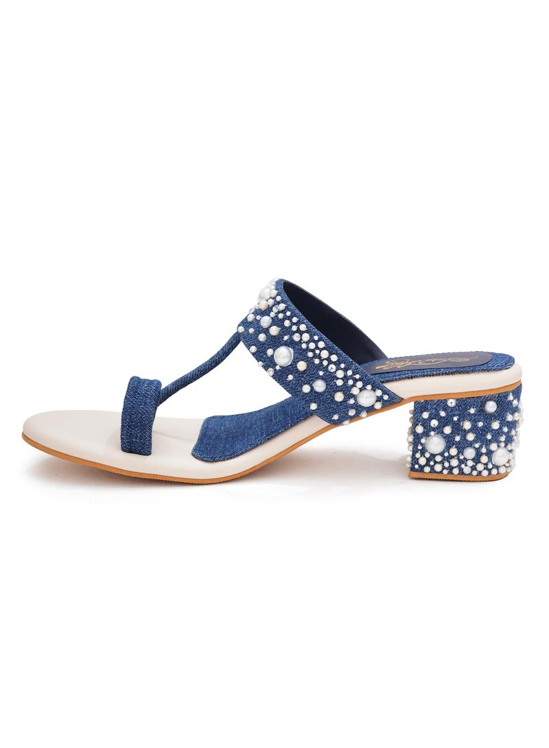 Sole House Sole House Modern Glam: Denim Pearl Embellished Block Heels - perfect for parties, celebrations & special occasions.  - Image 4