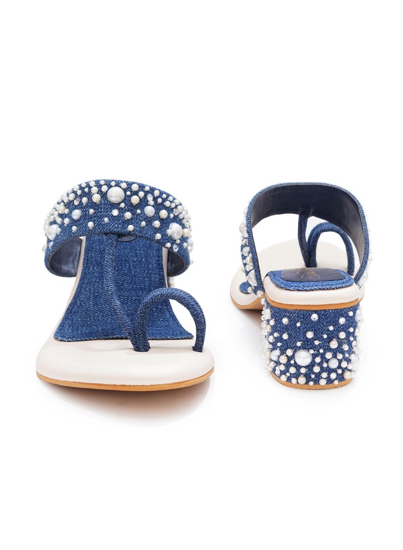 Sole House Sole House Modern Glam: Denim Pearl Embellished Block Heels - perfect for parties, celebrations & special occasions.  - Image 3