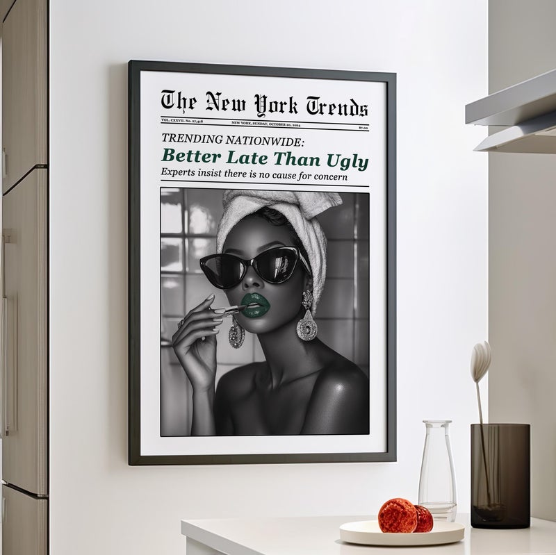 TNESSENTIAL Green Better Late Than Ugly Black Woman Makeup Newspaper Wall Art Poster or Canvas, Vintage Female Funny Bathroom Sign, Retro Trendy Prints - Image 1