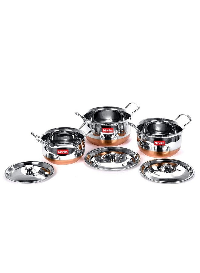 Nirvika Stainless Steel Copper Bottom Handi Set 3 Pcs with lid Kitchen Serving,Utensils Cooking Bowl Cookware Set Dinner patila tope Size:- 750 ML,1000 ML,1500 ML - Image 3