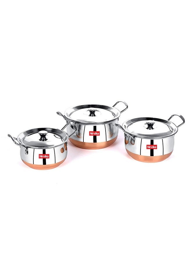 Nirvika Stainless Steel Copper Bottom Handi Set 3 Pcs with lid Kitchen Serving,Utensils Cooking Bowl Cookware Set Dinner patila tope Size:- 750 ML,1000 ML,1500 ML - Image 1