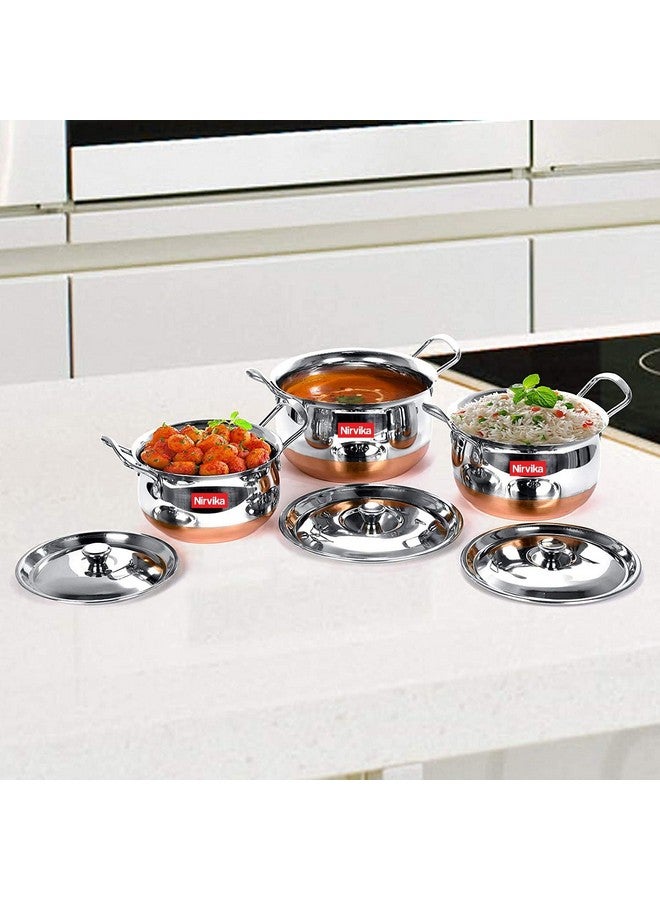 Nirvika Stainless Steel Copper Bottom Handi Set 3 Pcs with lid Kitchen Serving,Utensils Cooking Bowl Cookware Set Dinner patila tope Size:- 750 ML,1000 ML,1500 ML - Image 5