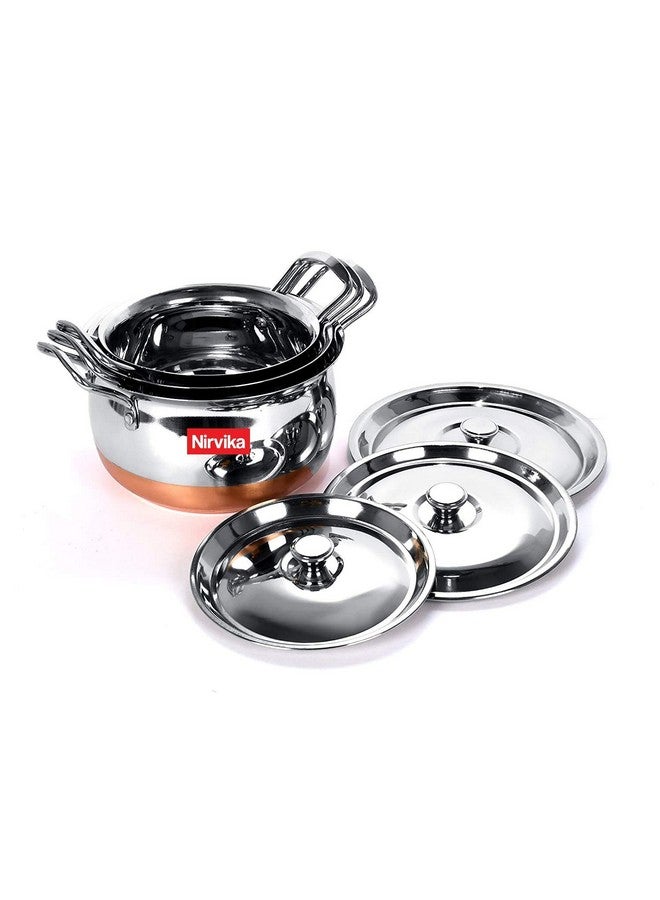 Nirvika Stainless Steel Copper Bottom Handi Set 3 Pcs with lid Kitchen Serving,Utensils Cooking Bowl Cookware Set Dinner patila tope Size:- 750 ML,1000 ML,1500 ML - Image 4