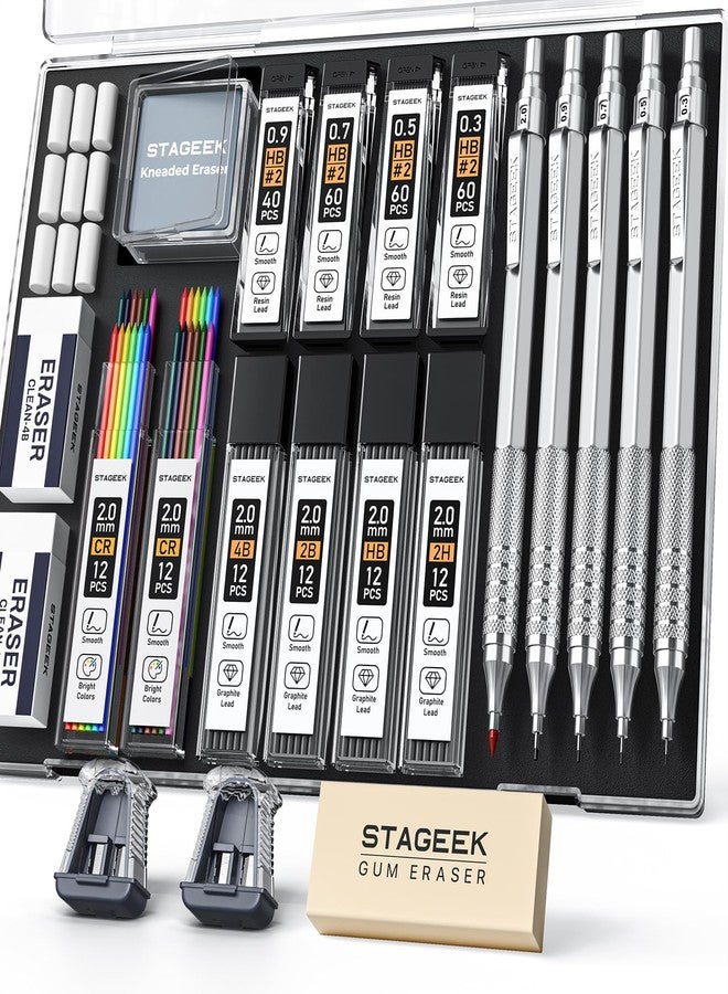 STAGEEK 21PCS Metal Mechanical Pencil Set, Art Lead Pencil 0.3, 0.5, 0.7, 0.9, 2mm Holder(HB 2H 2B 4B Color) with 10 Tubes Graphite Lead Refills Eraser with Case for Drafting Drawing Sketching - Image 1