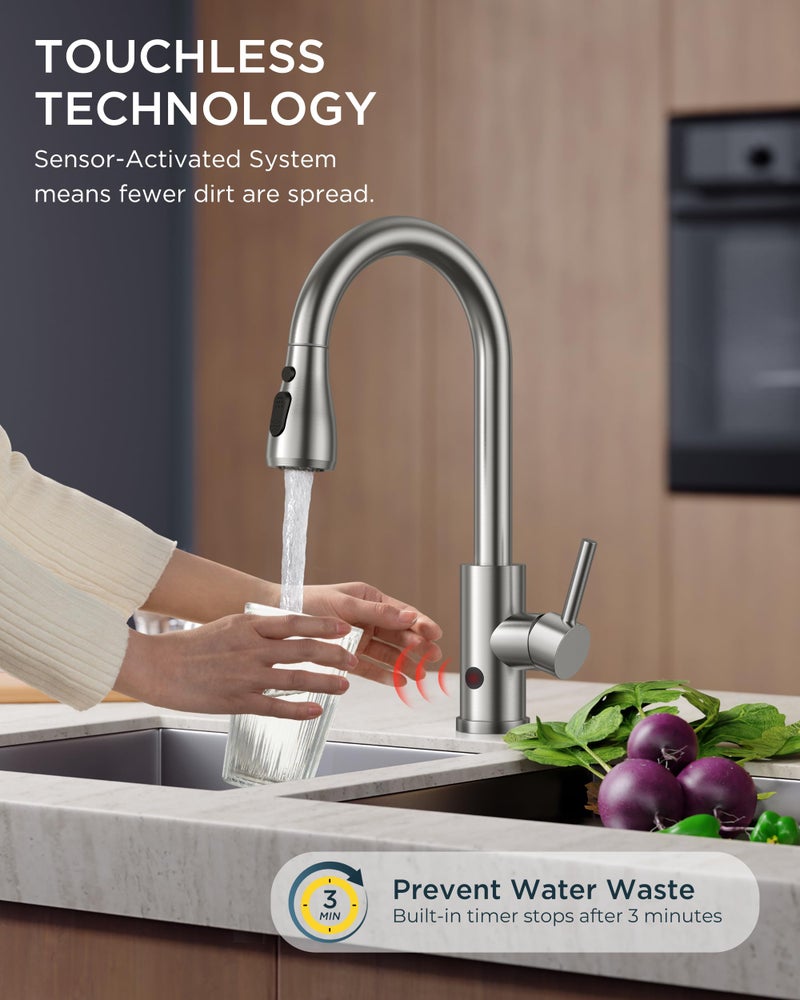 FORIOUS Touchless Kitchen Faucet with Pull Down Sprayer, Brushed Nickel Hands-Free Smart Motion Sensor Sink Faucet Single Handle Contemporary, Suitable for Farmhouse Laundry Camper RV Bar - Image 2