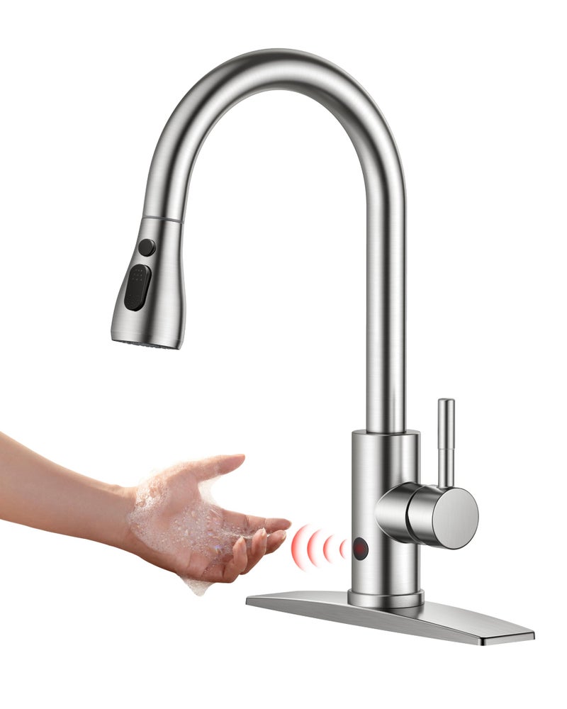 FORIOUS Touchless Kitchen Faucet with Pull Down Sprayer, Brushed Nickel Hands-Free Smart Motion Sensor Sink Faucet Single Handle Contemporary, Suitable for Farmhouse Laundry Camper RV Bar - Image 1