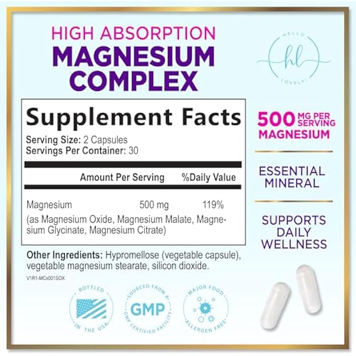 Hello Lovely! Magnesium Complex - 500mg per Serving Best Blend of Glycinate, Citrate, Malate & Oxide - Supports Sleep, Muscle, Bone & Heart Health - High Absorption, Chelated Supplement, Made in USA - 60 Capsules - Image 2