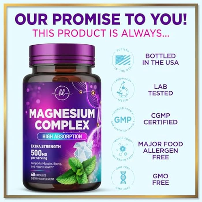 Hello Lovely! Magnesium Complex - 500mg per Serving Best Blend of Glycinate, Citrate, Malate & Oxide - Supports Sleep, Muscle, Bone & Heart Health - High Absorption, Chelated Supplement, Made in USA - 60 Capsules - Image 4