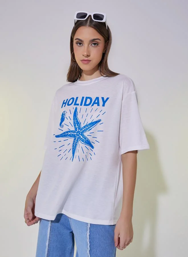 تايك تو Graphic Print Round Neck Oversized T-Shirt