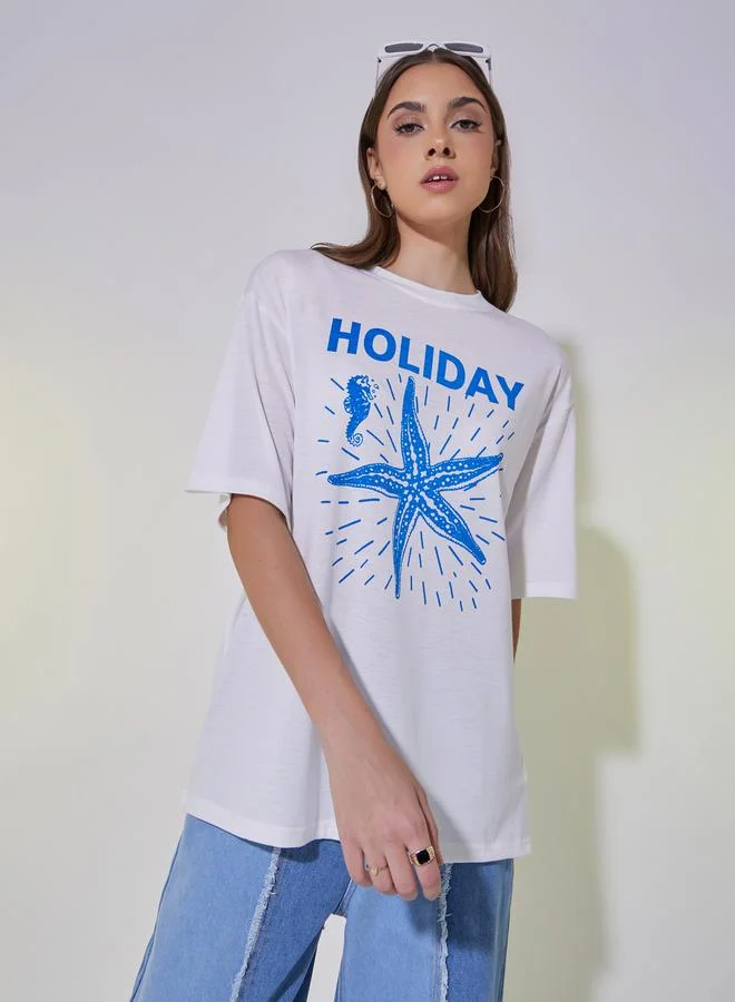 تايك تو Graphic Print Round Neck Oversized T-Shirt