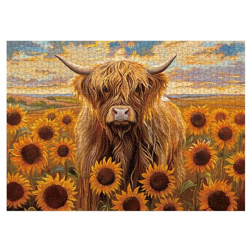 Larkipuzz Beautiful Sunflower Highland Cow Jigsaw Puzzle 1000 Piece for Adult Nature Animal Flower Painting Jigsaw Puzzles Funny Art Plant Scenic Puzzle - Image 5