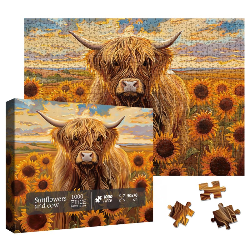 Larkipuzz Beautiful Sunflower Highland Cow Jigsaw Puzzle 1000 Piece for Adult Nature Animal Flower Painting Jigsaw Puzzles Funny Art Plant Scenic Puzzle - Image 3