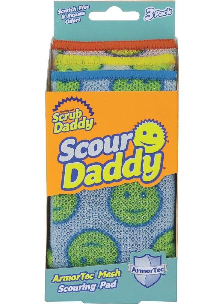 Scrub Daddy Scour Daddy Multi Surface ArmourTec Mesh Scouring Pad, Absorbent, Soft in Warm Water, Firm in Cold, Scratch Free, Odor Resistant, Easy to Clean, Multicolour, Pack of 1 (includes 3 pads). - Image 1