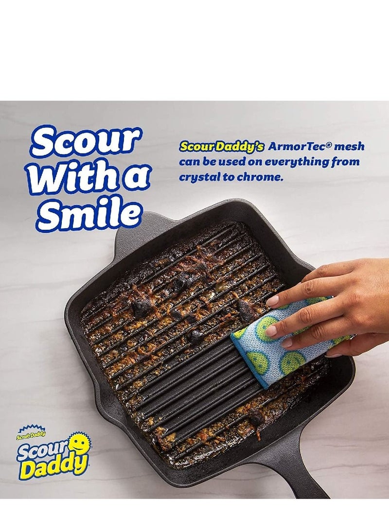 Scrub Daddy Scour Daddy Multi Surface ArmourTec Mesh Scouring Pad, Absorbent, Soft in Warm Water, Firm in Cold, Scratch Free, Odor Resistant, Easy to Clean, Multicolour, Pack of 1 (includes 3 pads). - Image 4