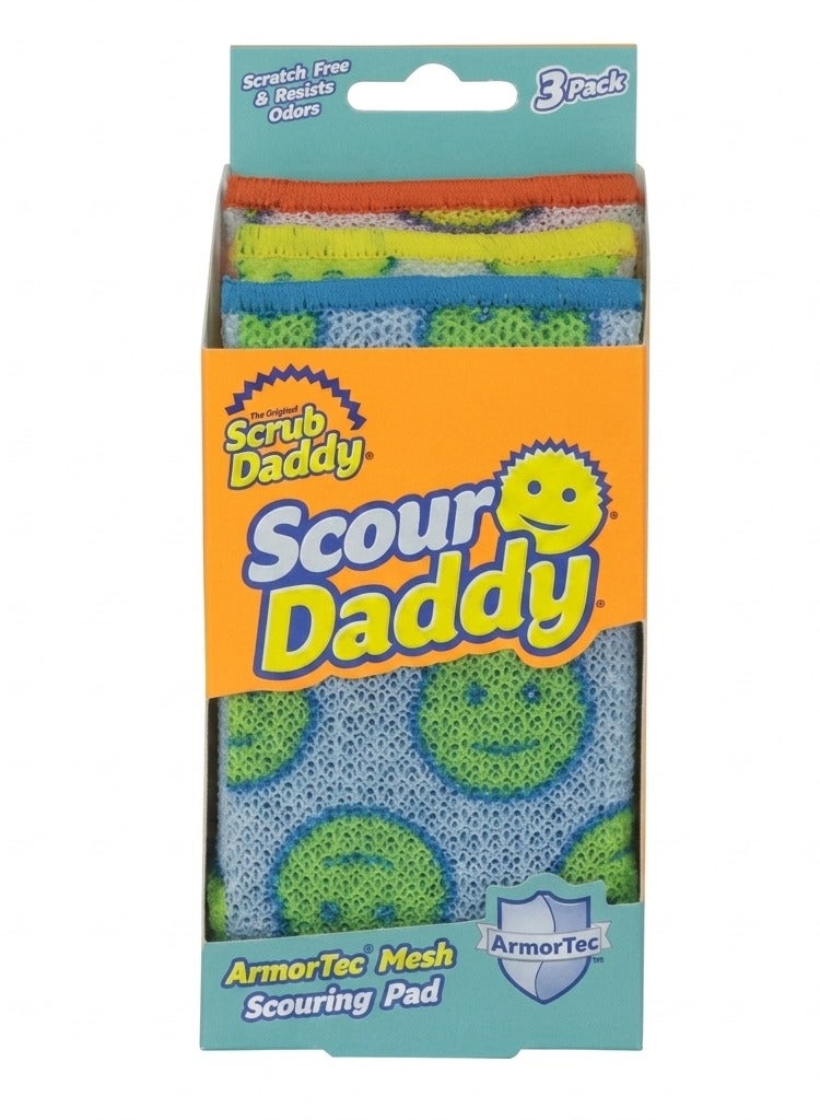 Scrub Daddy Scour Daddy Heavy Duty Mesh Scouring Pad Set of 3 – ArmorTec Scratch-Free Multi-Surface Cleaning Pads, Odor Resistant, Assorted Colours - Image 1