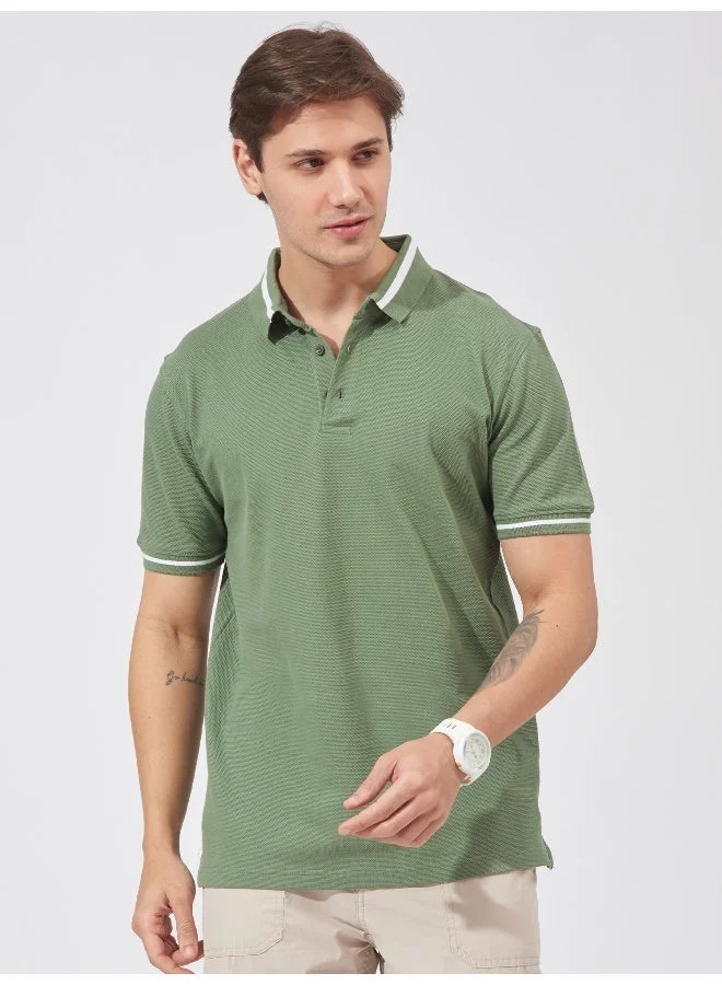 Maniac Maniac Mens Solid Polo Neck Half Sleeve Leaf Green Cotton Slim Fit T-Shirt