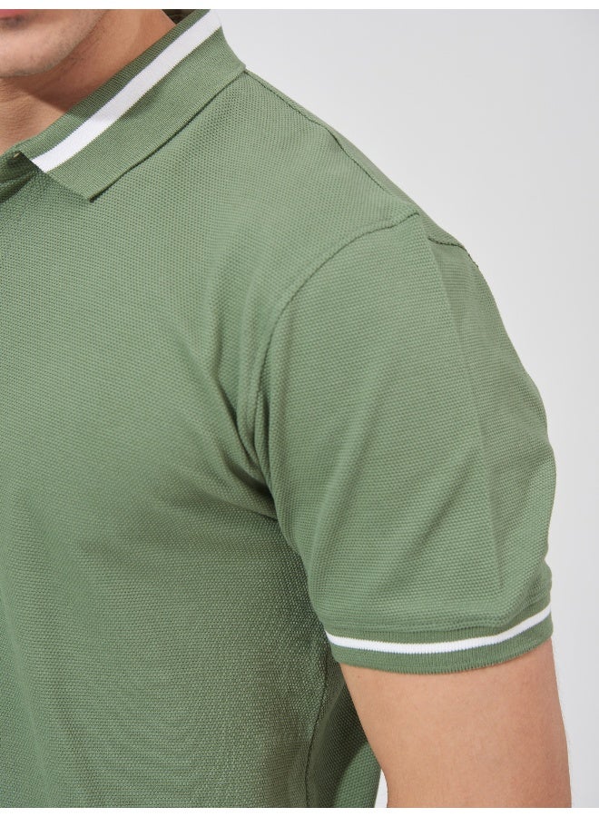 Maniac Mens Solid Polo Neck Half Sleeve Leaf Green Cotton Slim Fit T-Shirt - Image 4