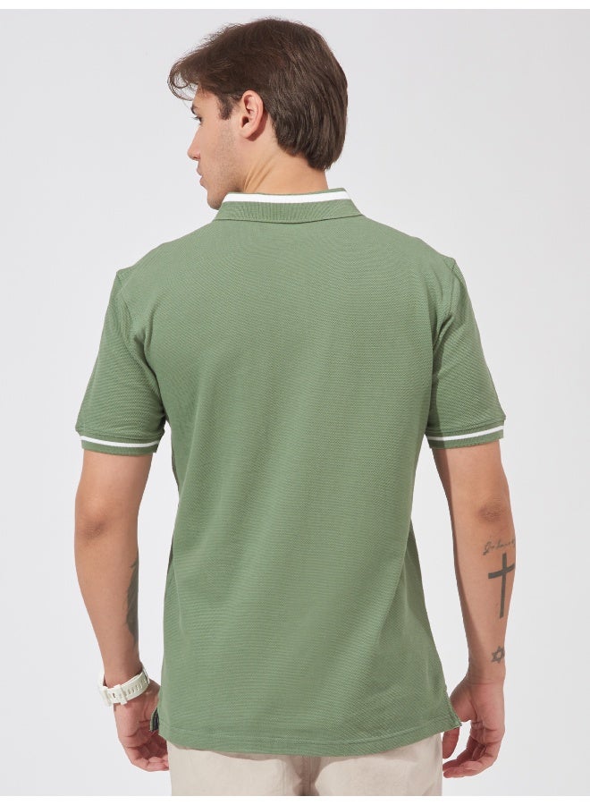 Maniac Mens Solid Polo Neck Half Sleeve Leaf Green Cotton Slim Fit T-Shirt - Image 3