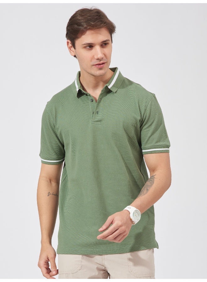 Maniac Mens Solid Polo Neck Half Sleeve Leaf Green Cotton Slim Fit T-Shirt - Image 1