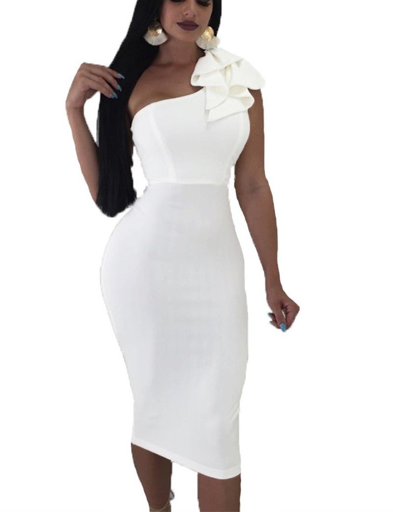 Mokoru Women's Sexy Ruffle One Shoulder Bodycon Elegant Cocktail Party Midi Dresses, Large, Pure White - Image 5