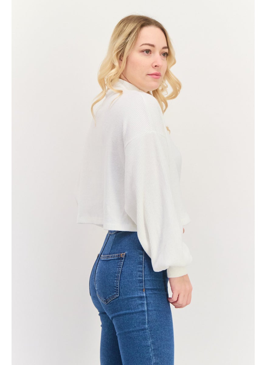 Bershka Women Crew Neck Textured Sweater, White  - Image 2