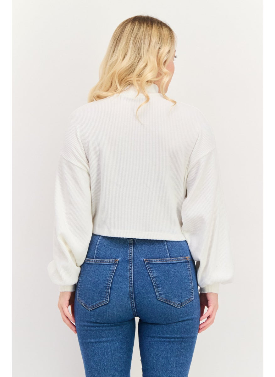 Bershka Women Crew Neck Textured Sweater, White  - Image 3