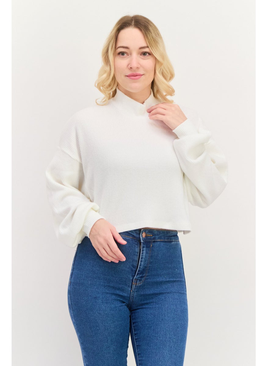 Bershka Women Crew Neck Textured Sweater, White  - Image 1